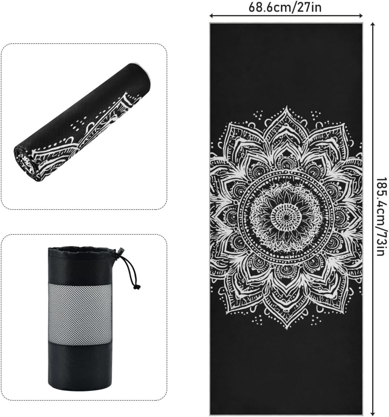 Mandala White Yoga Mat Towel with Silicone Grip Dot – 73"x27" Non-Slip Sweat Absorbent Microfiber Yoga Towel for Home Gym Studio