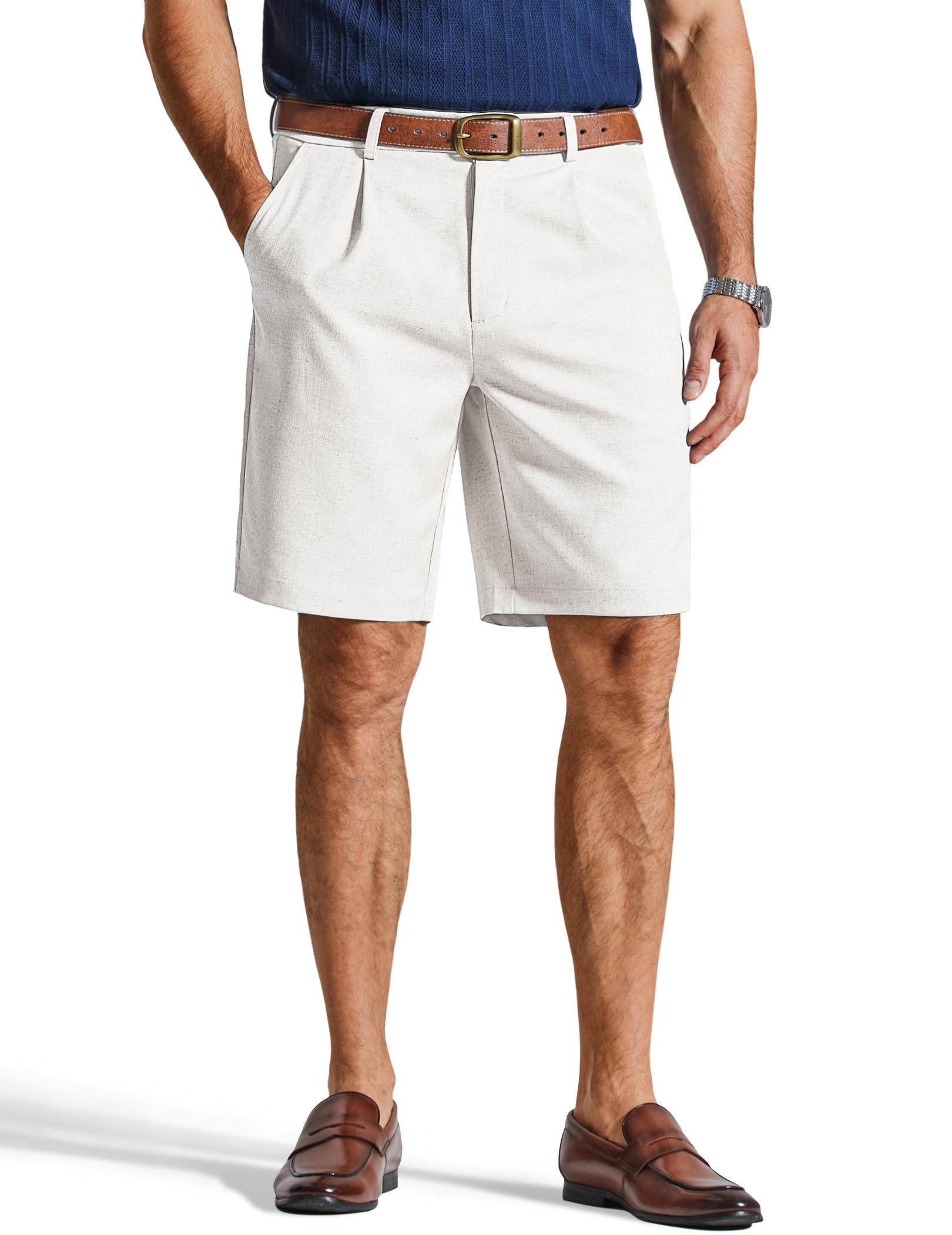 COOFANDY Men's Casual Shorts Pleated Front 9" Linen Textured Dress Shorts