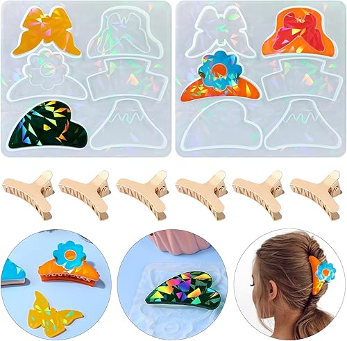 Miniatura 2 de Moldes de resina para el cabello, 2 piezas de pinzas para el cabello, 6 piezas de pinzas de metal para el cabello, moldes de clip de flores para