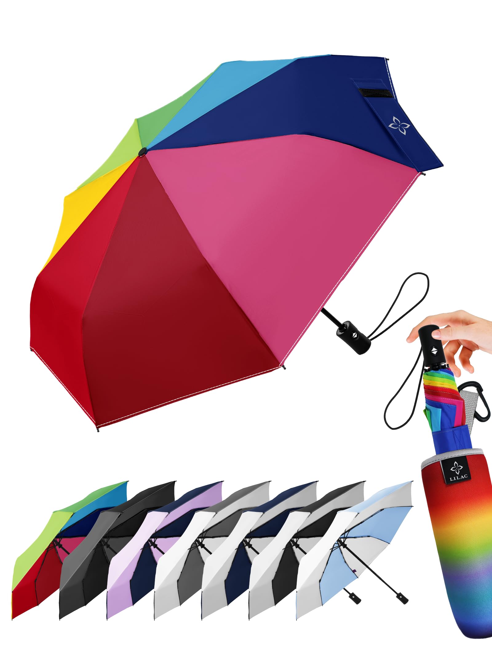 LILAC Regenschirm Klein Stabil Windfest, 110cm Taschenschirm Auf-Zu-Automatik, Kompakter Reiseschirm mit Klettverschluss & Karabiner, Leicht Faltschirm für Damen Herren