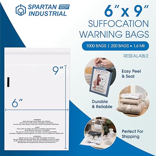 Miniatura 2 de Spartan Industrial - Bolsas de polietileno transparente autosellantes de 6 x 9 pulgadas (1000 unidades) con advertencia de asfixia para embalaje,