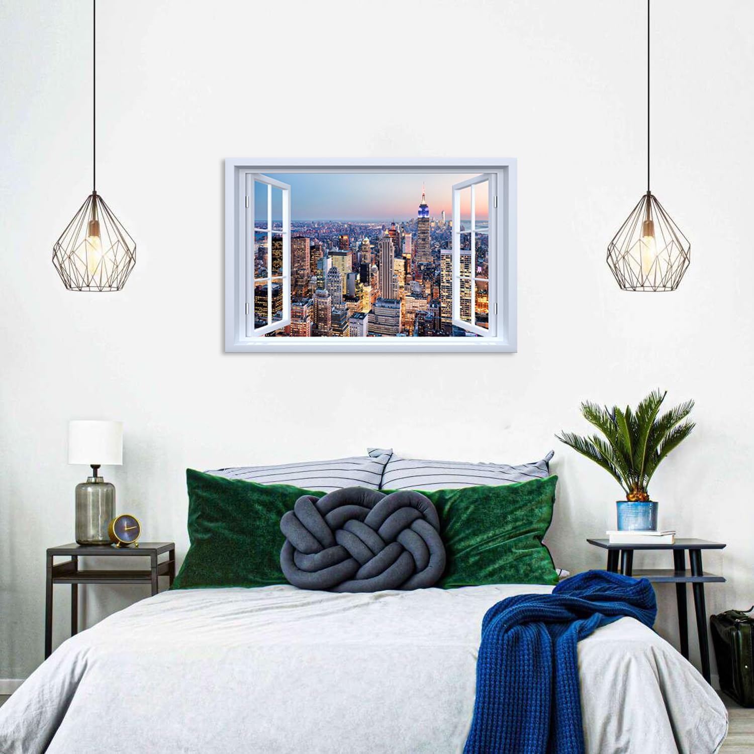 New York City Wall Art for Living Room NYC Skyline Wall Decor Manhattan Landscape at Night Picture Canvas Prints Modern Window View Skyscraper Painting Artwork Office Bedroom Home Decorations 24x36"