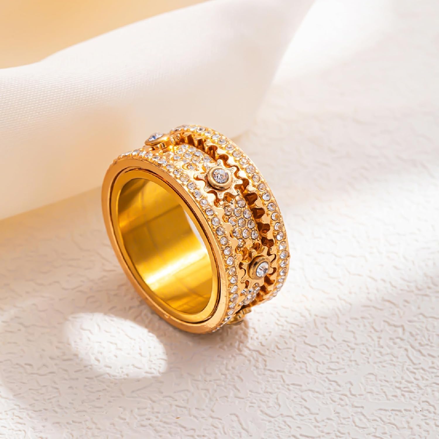 Interactive Outer Ring Drives Gears Rotatable EDC Ring Iced Out Alloy Jewelry, Sparkling Mechanical Fidget Band image 4
