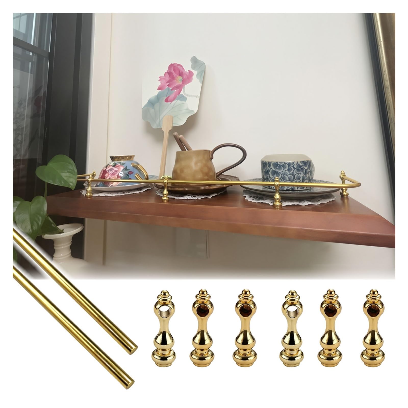 Lxlzyxsf Gold 2Pcs Cuttable & Bendable Shelf Safety Rail, Rustproof Aluminum Guard Bar, All-Metal Fittings Anti-Fall Railing For Cabinet Living Room Storage Ledge(,26In/66Cm)