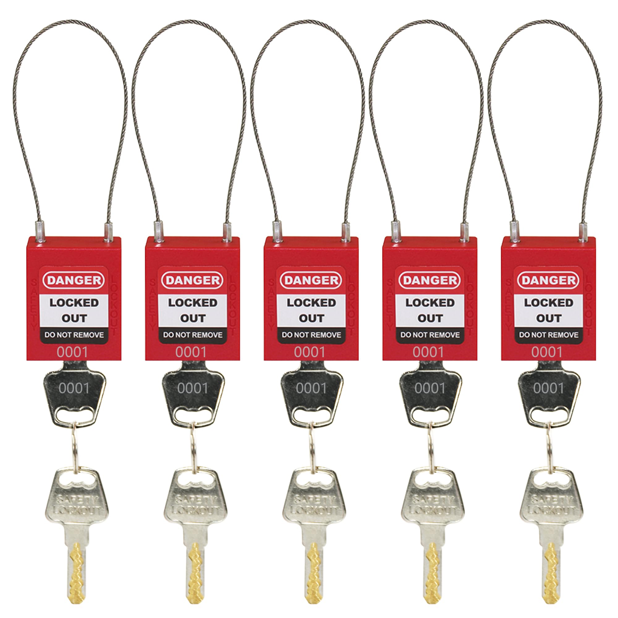 HiLKCO 5 Pack Lockout Tagout Steel Cable Locks(Dia 1.5mm) with Keys,Keyed Alike Stainless Steel Wire Cable Lock Set,Red Padlocks OSHA Compliant 2 Keys
