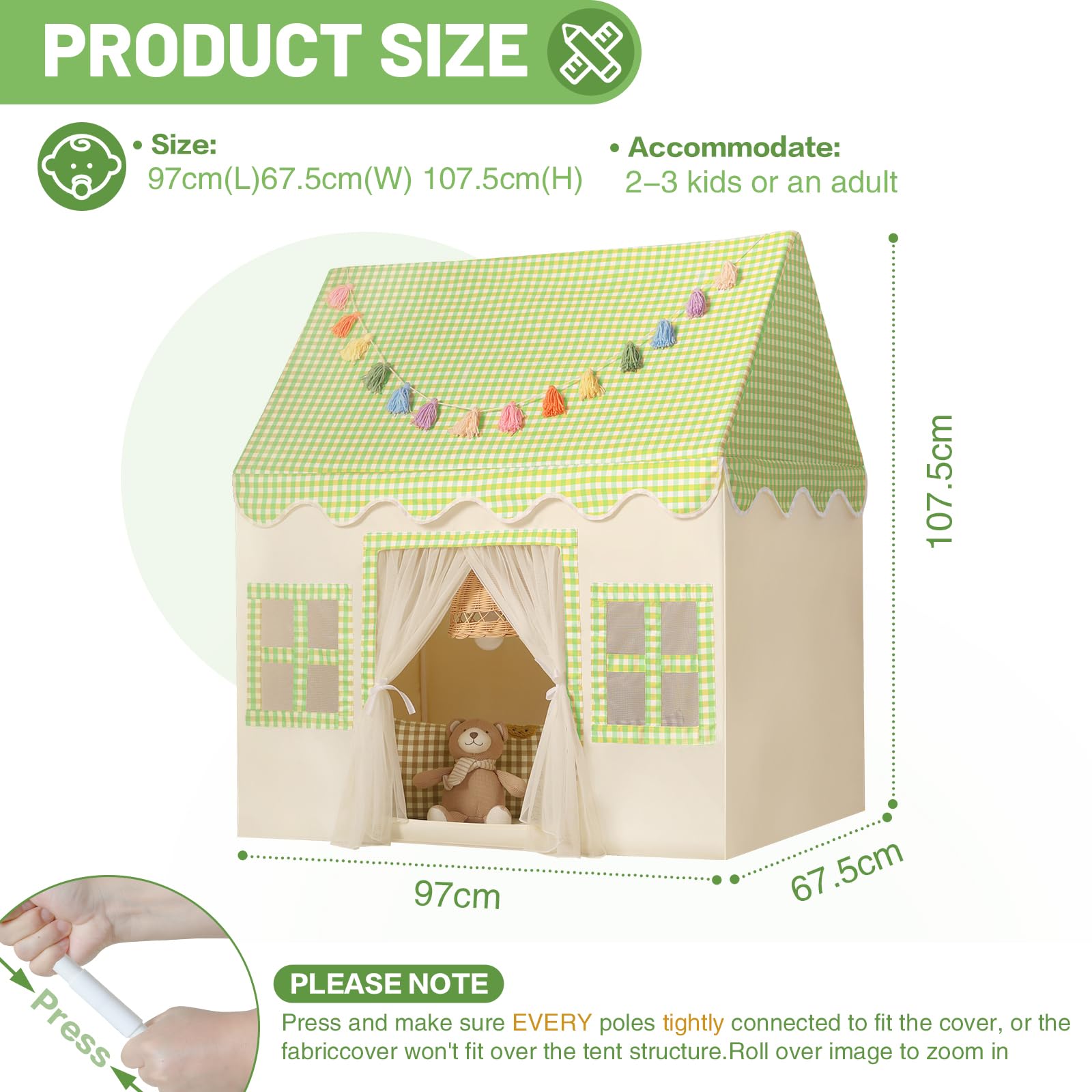 Wilwolfer Kids Play Tents Indoor: Princess PlayHouse with Green Checkered & Padded Mat & Colorful Tassel Garland - Image 3