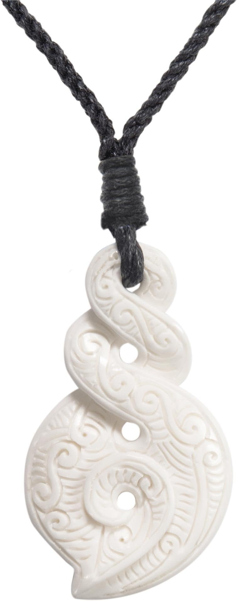 81stgeneration Double Pikorua Carved Bone Pendant with Spiral Engravings - Koru Taonga Maori Style Bone Necklace - Amulet Surfer Hawaii Necklace - Natural Material Adjustable Cord Tribal Necklaces,