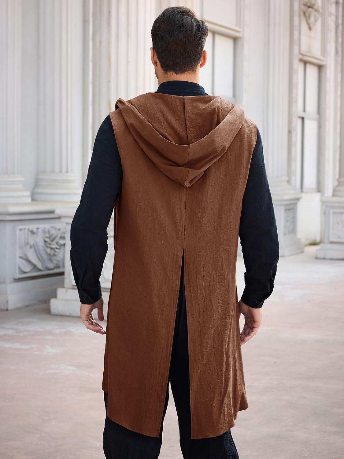 Runcati Mens Renaissance Costume Hooded Surcoat Medieval Knight Sleeveless Tunic Tops Tabard Viking Holloween Cloak - Image 3