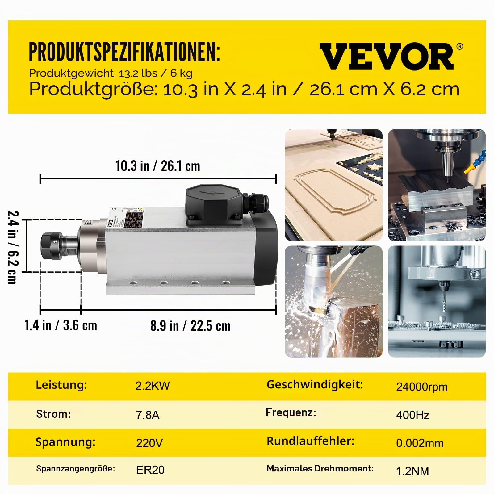 VEVOR Luftgekühlter Spindelmotor mit VFD Inverter-Set, 2,2 kW ER20 CNC Motor für Luftgekühlte Gravierspindelmotor Spindelmotor zum Schnitzen von Materialien wie Holz, Stein usw
