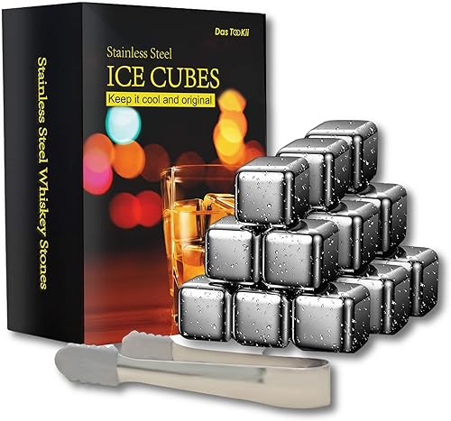 Das TooKii Piedras de whisky de acero inoxidable, 16 cubos de hielo de metal reutilizables, piedras frías sin agua con pinzas para hielo y caja de
