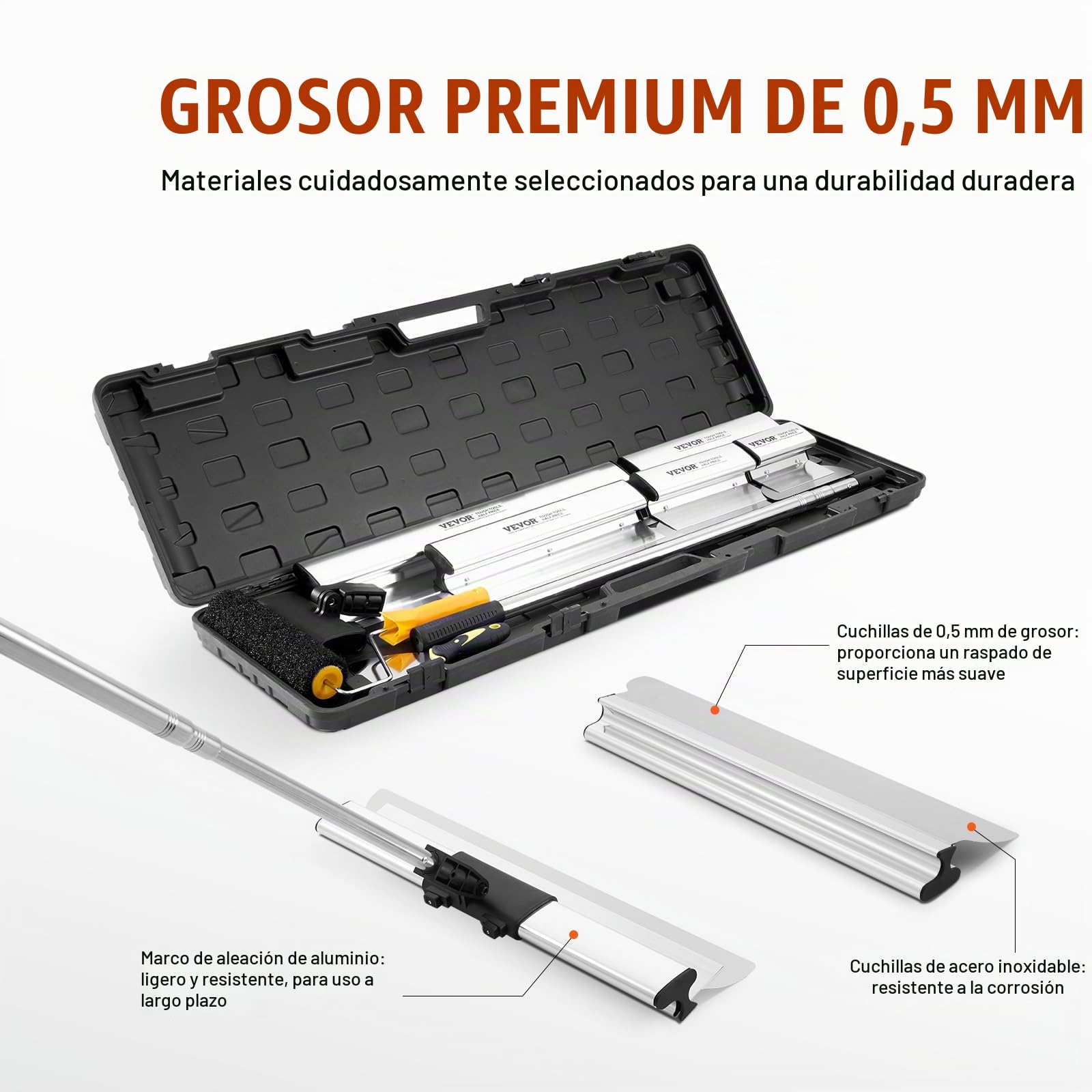 VEVOR Juego de Cuchillas para Desnatar Paneles de Yeso, Cuchillos de Acero Inoxidable de 178/254/356/406/610 mm y Mango de Extensión de 862-2072 mm, Herramientas Profesionales para Placa de Yeso