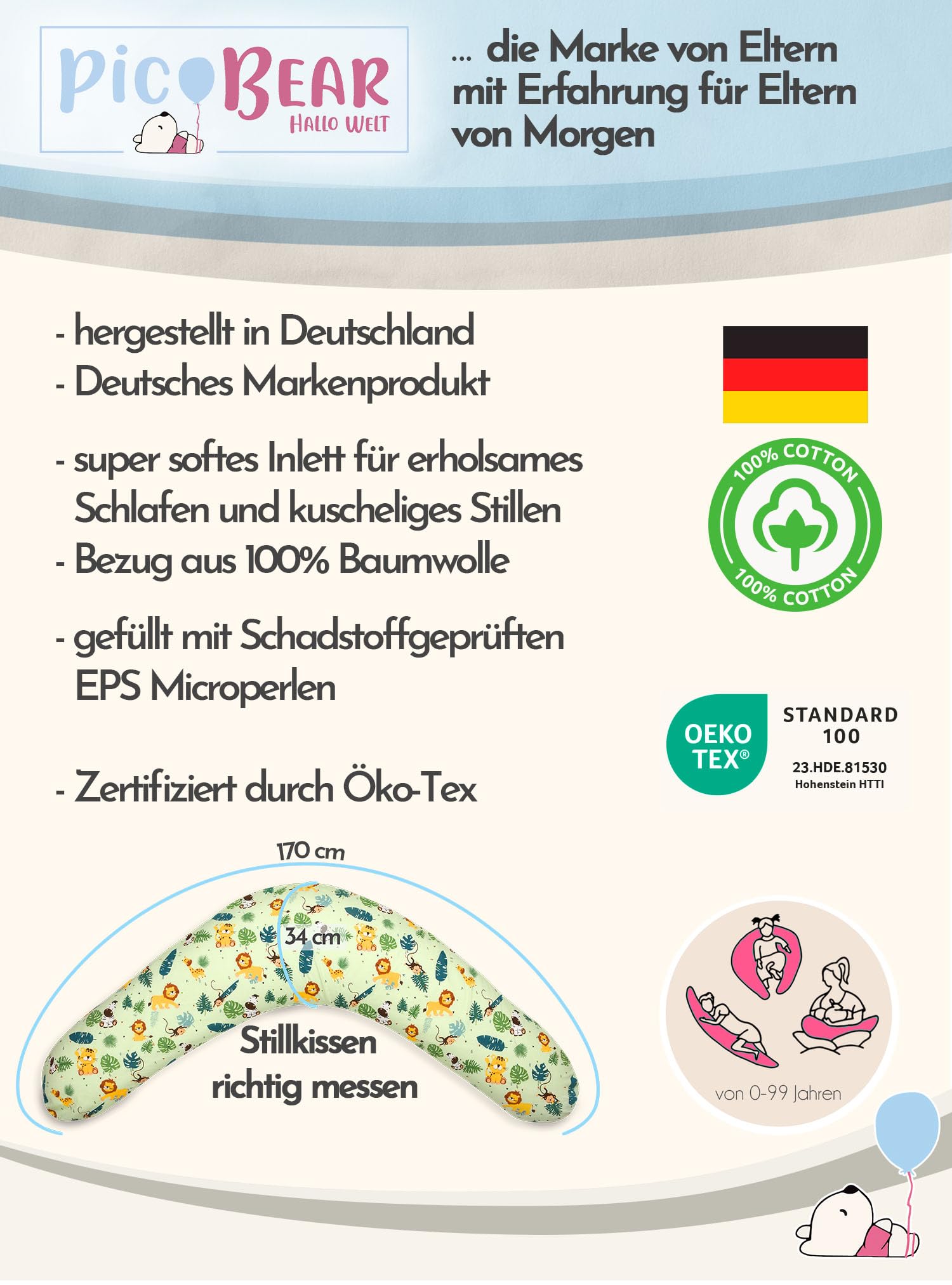 pic Bear Deutschland Stillkissen XL 170cm - Schwangerschaft Kissen - Seitenschläferkissen und Lagerungskissen für Erwachsene und Baby Schmusekissen (Punkte grau)