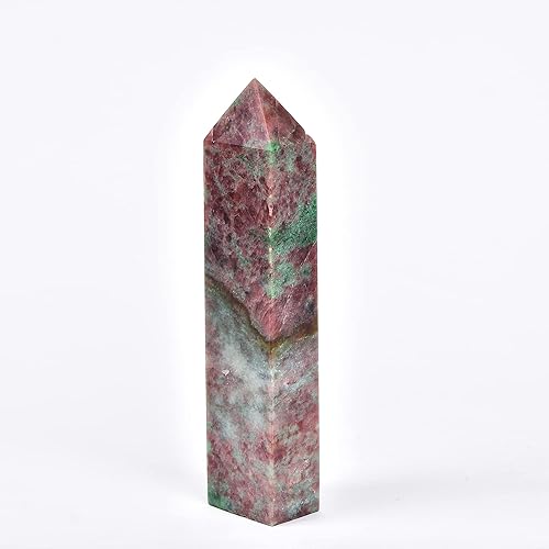 JIC Gem Varita de cristal simbiótico de fresa roja y verde con punta de torre de obelisco curativo, decoración de reiki, 1.3-1.8 libras