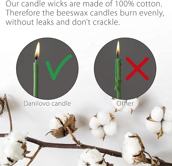 Danilovo Thin Taper Beeswax Candles - Honey-Scented, Decorative Candles Ideal for Birthday Decoration or Church Prayers - Green Drip Free, Tall & Smokeless Pack of 50 pcs, 6.3 x 0.22 inch