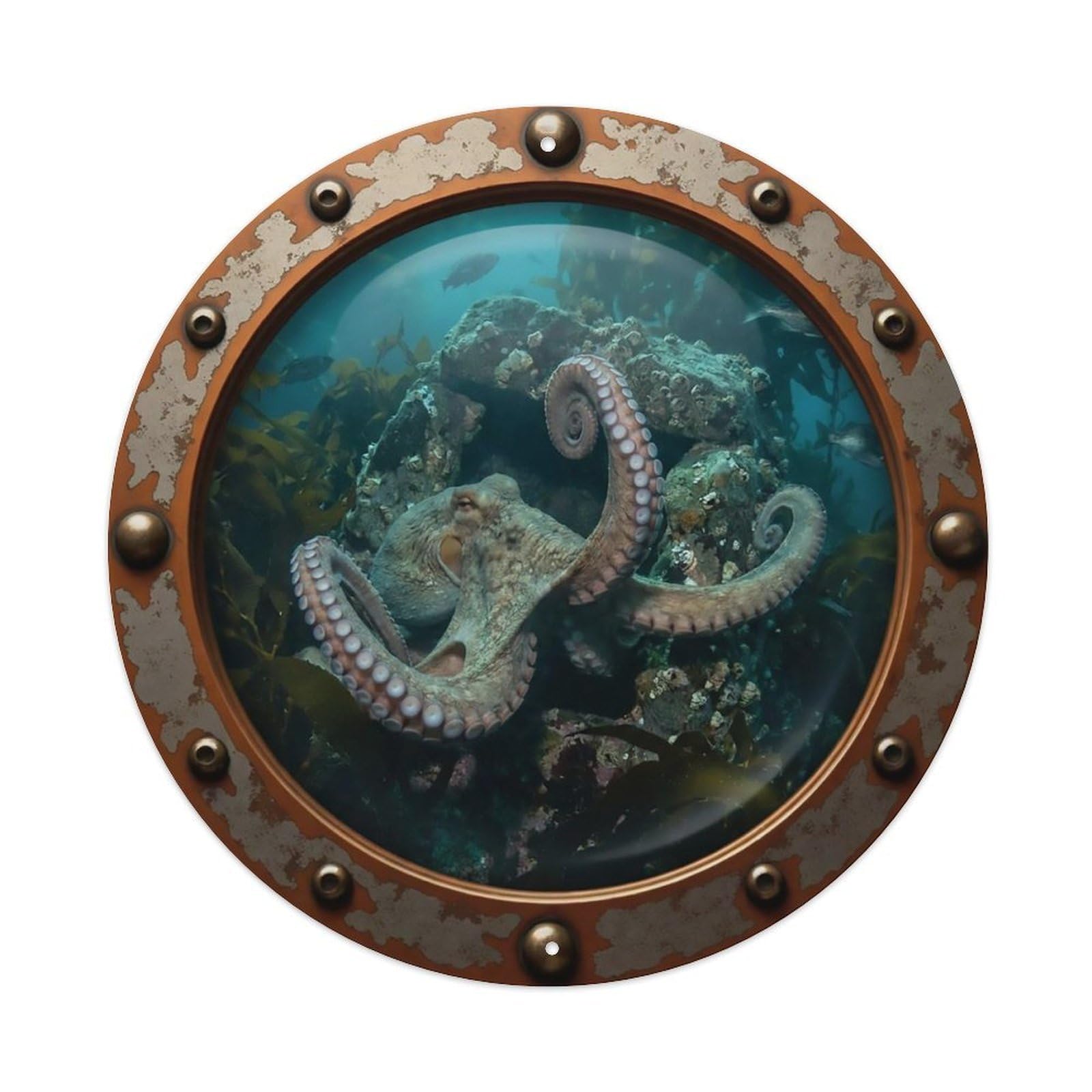 Odgynaw 8X8inch(20X20cm) Vintage Porthole Giant Pacific Octopus Nautical Window View Metal Tin Sign