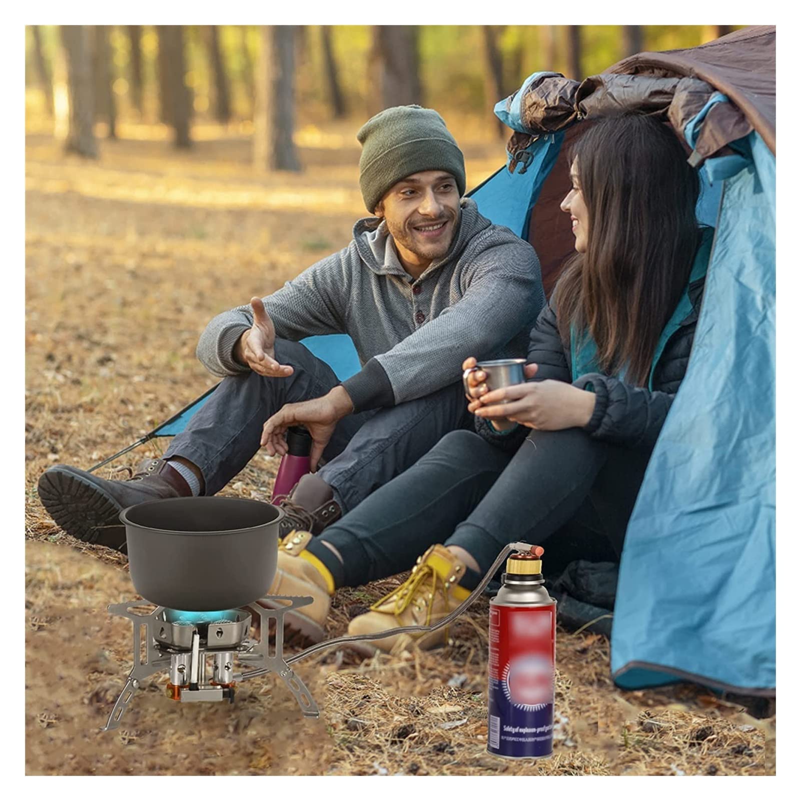 Réchaud à gaz de camping portable Réchaud de camping pliable en plein air Mini coupe-vent 5000 W Adaptateur de gaz d'allumage piezo Réchaud à gaz Camping,A