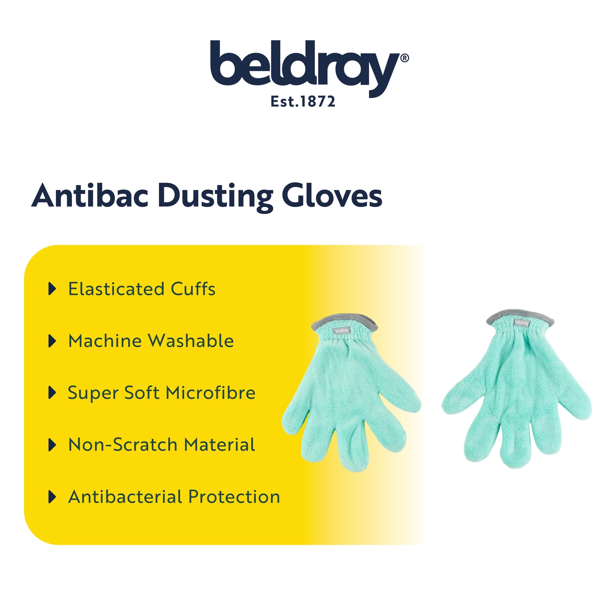 Beldray Antibac Dusting Gloves Set – Pack of 2 Microfibre Cleaning Mitts, Antibacterial Treated Dusters, Elasticated Cuff, Blinds, Plants, Mirrors, Non-Scratch, Machine Washable, One Size, Mint