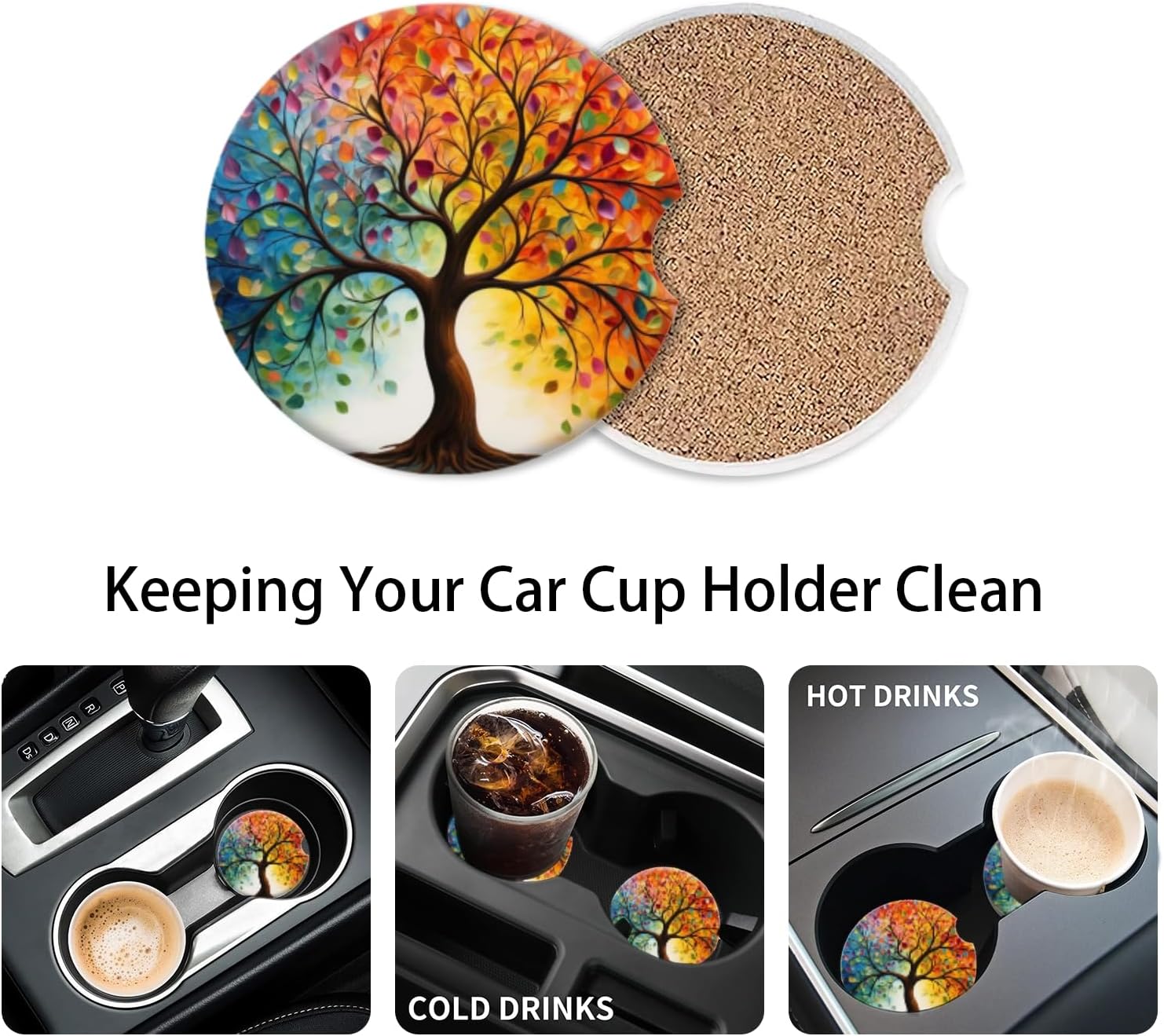 Cup Holder for Car,Tree of Life with Leaves Ceramic Coasters Non-Slip Cup Holder Insert with Fingertip Grip, Auto Interior Accessories for Women & Men,Pack of 2, 2.56In