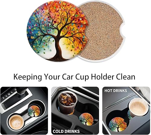 Miniatura 5 de Portavasos para automóvil, árbol de la vida con hojas, posavasos de cerámica antideslizante con agarre para la punta del dedo, accesorios interiores