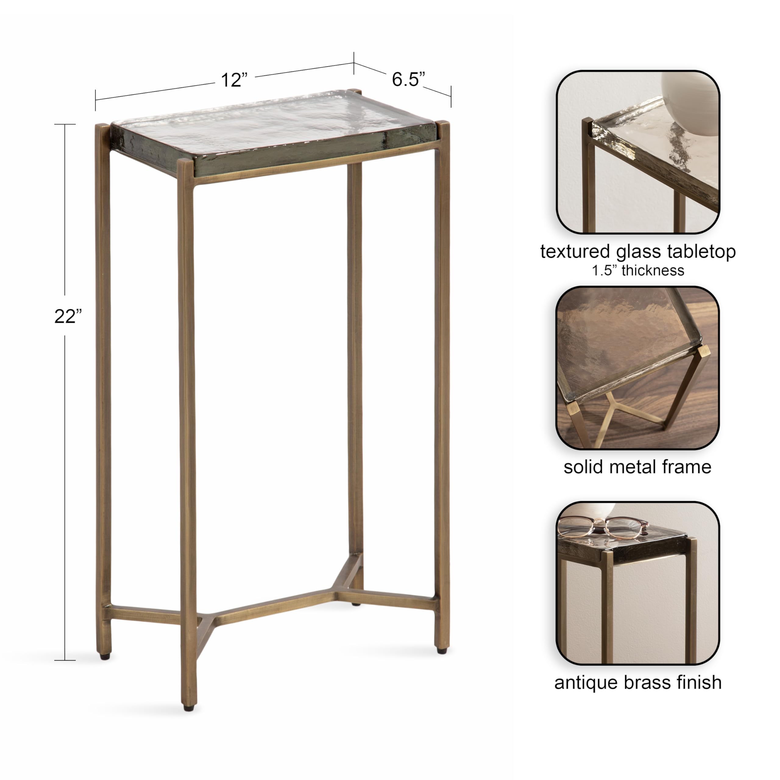 Kate and Laurel Aguilar Modern Glam Slim Side Table; 12 x 7 x 22; Clear Glass and Antique Brass; Decorative Narrow End Table for Use as Skinny Bedroom Nightstand or Living Room Accent