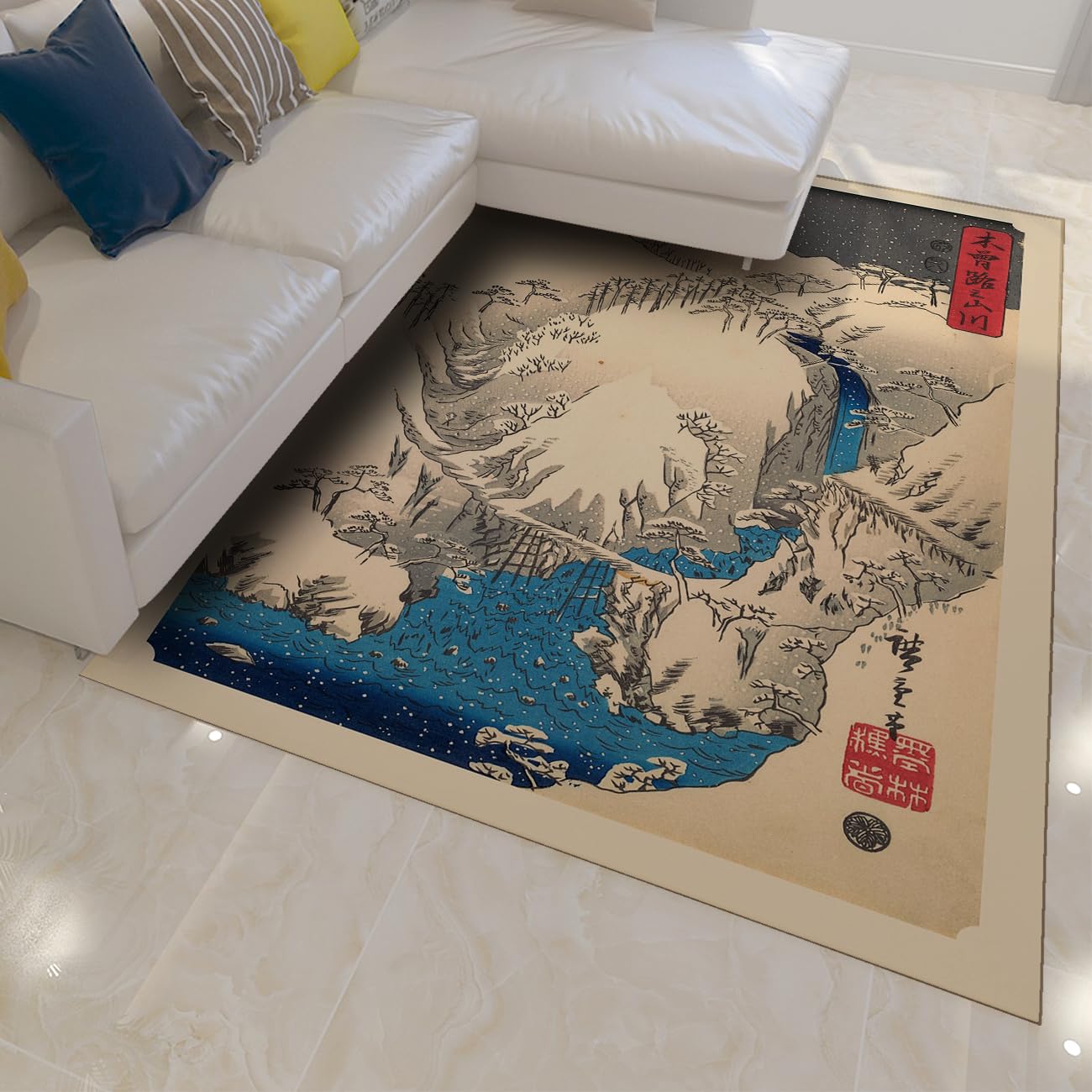 Tapis de salon japonais lavable pour éliminer les glissades avec style ukiyoe