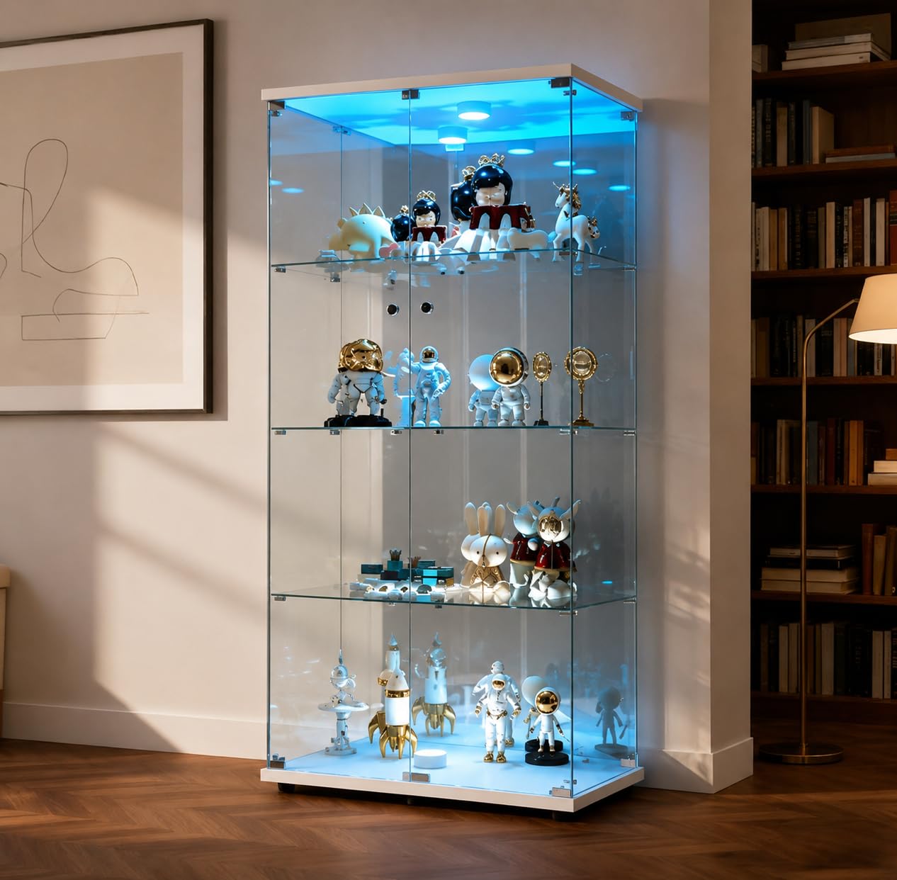 CXHLXYR LED Glass Display Cabinet, Two Door Glass Showcase 4 Shelves in Glass Cabinet, Bar Lounge Collectible Showcases, 164 x 81 x 37 cm (2 Doors 4 Layers LED Mirror, White)
