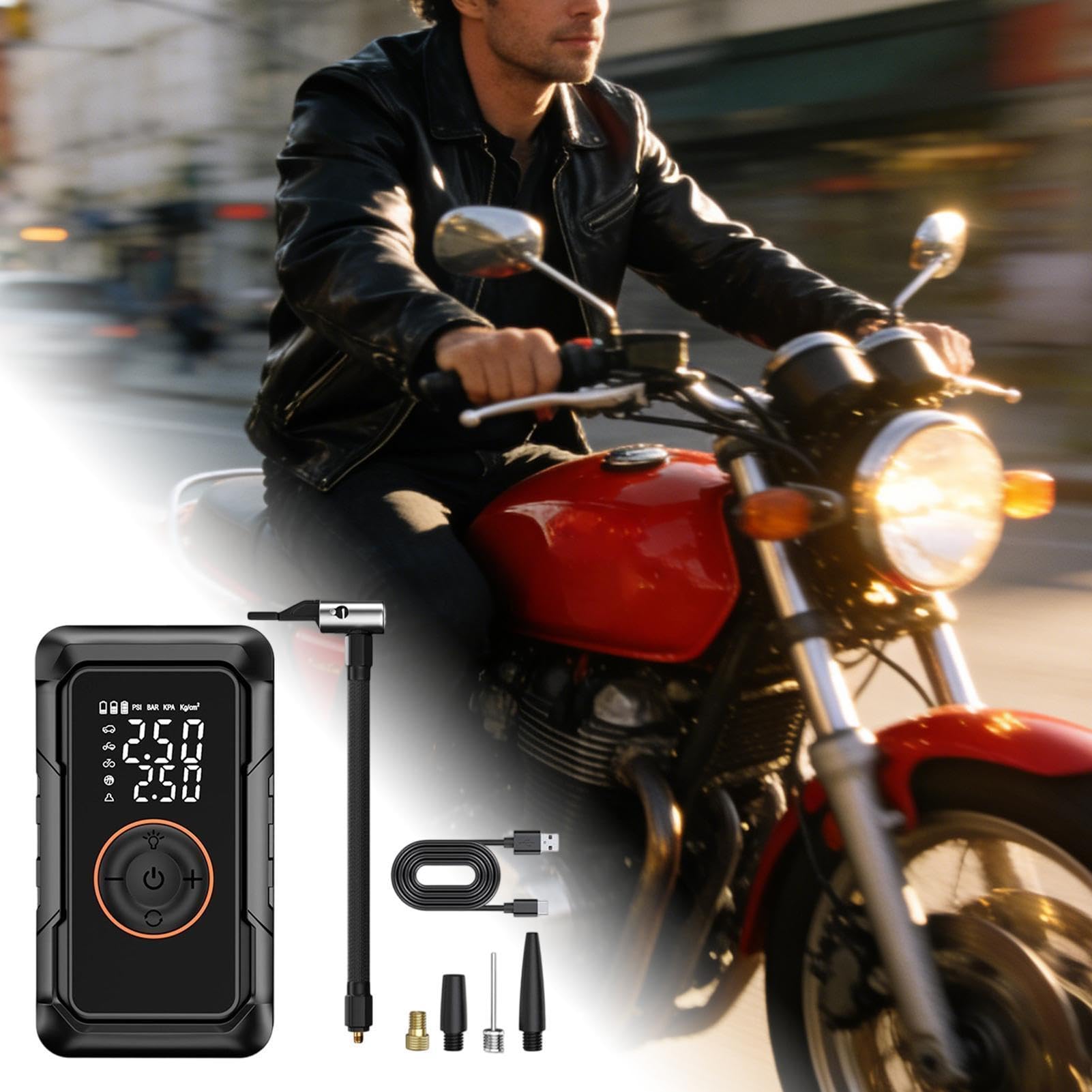 Inflador de neumáticos portátil para coche, luz LED, apagado automático eléctrico inteligente | Bomba de bola infladora portátil para motocicleta, SUV, camión, RV, remolque, cuatrimoto, scooter, pelota