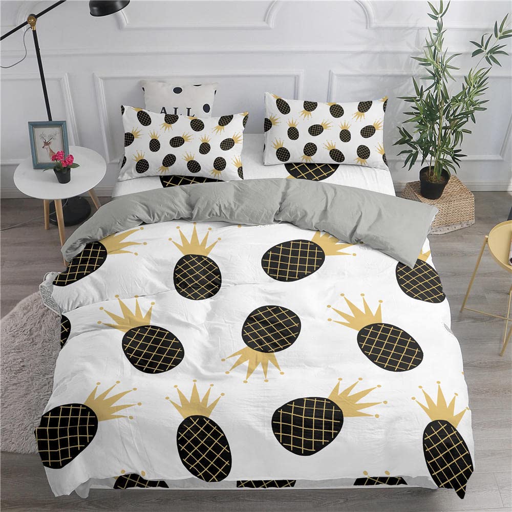 Housse de couette 220x240 microfibre douce parure de lit adulte ananas aux finitions soignées