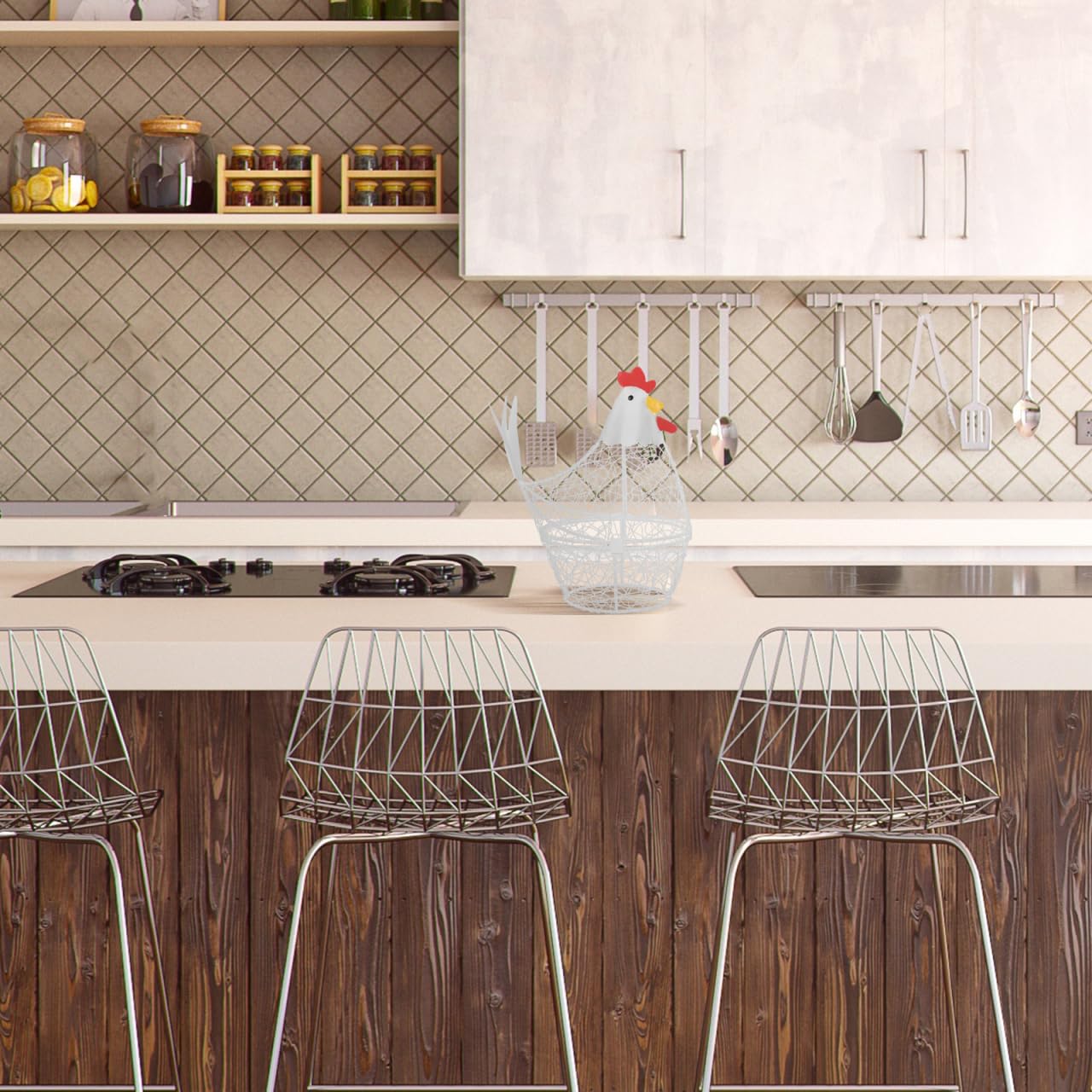 Hemobllo Panier à Œufs en Métal Blanc - Corbeille Forme de Poule pour Rangement Oeuf Frais - Porte-Œufs Décoratif pour Cuisine Style Campagne Chic - Support Distributeur Grande Capacité (26x25cm)