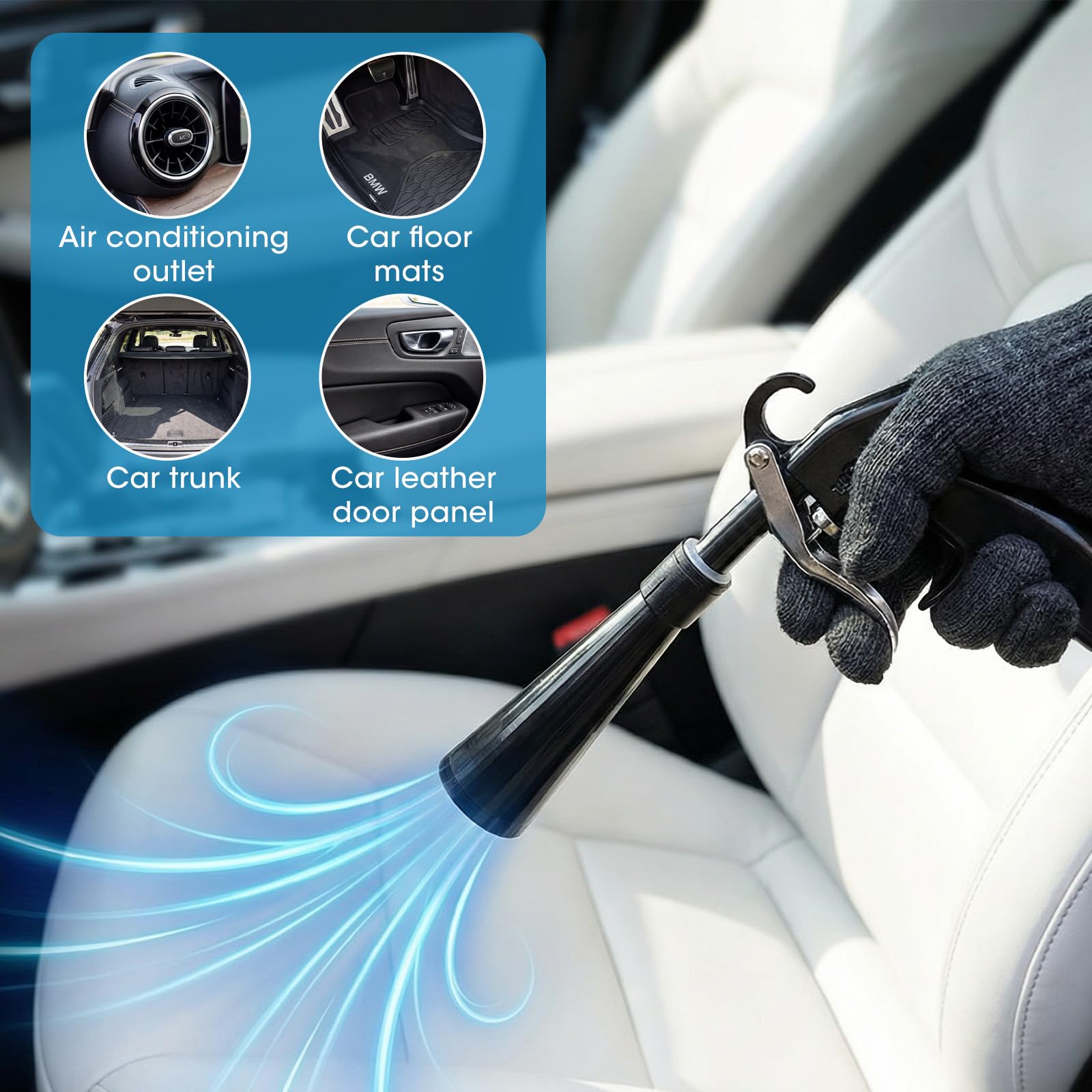 Pistola Aria Compressa per Auto, Asciugatura Rapida con Ugello Turbo e Spazzola, Soffiatore di Precisione per Sedili, Cerchi, Motore, Tessuti, Pelle e Pulizia Interni