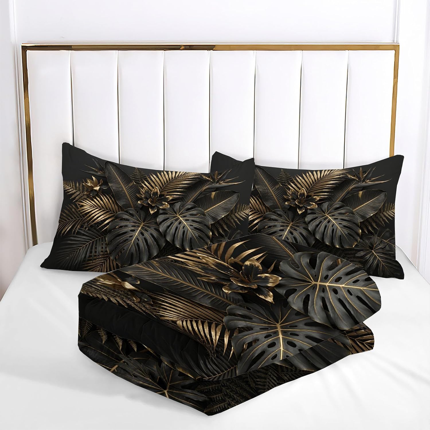 Modern Plants Comforter Set Full Size, Tropical Monstera Leaves Print Breathable Bedding Set for Girls Boys Teens, Black Gold Quilt Duvet with 2 Pillow Cases