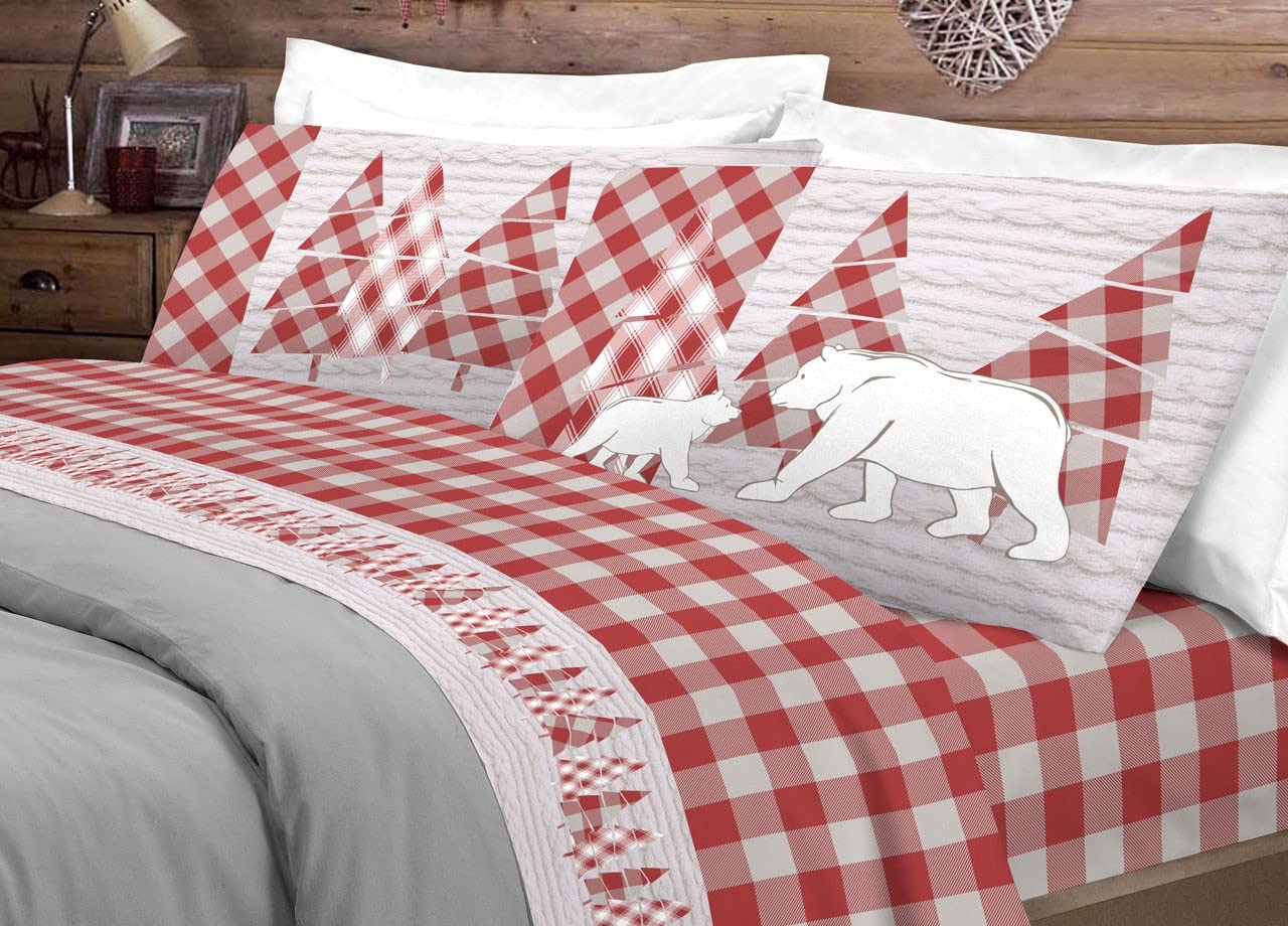 Completo Lenzuola in Flanella 100% Cotone Orso Scozzese Rosso Made in Italy - 1 Piazza e 1/2