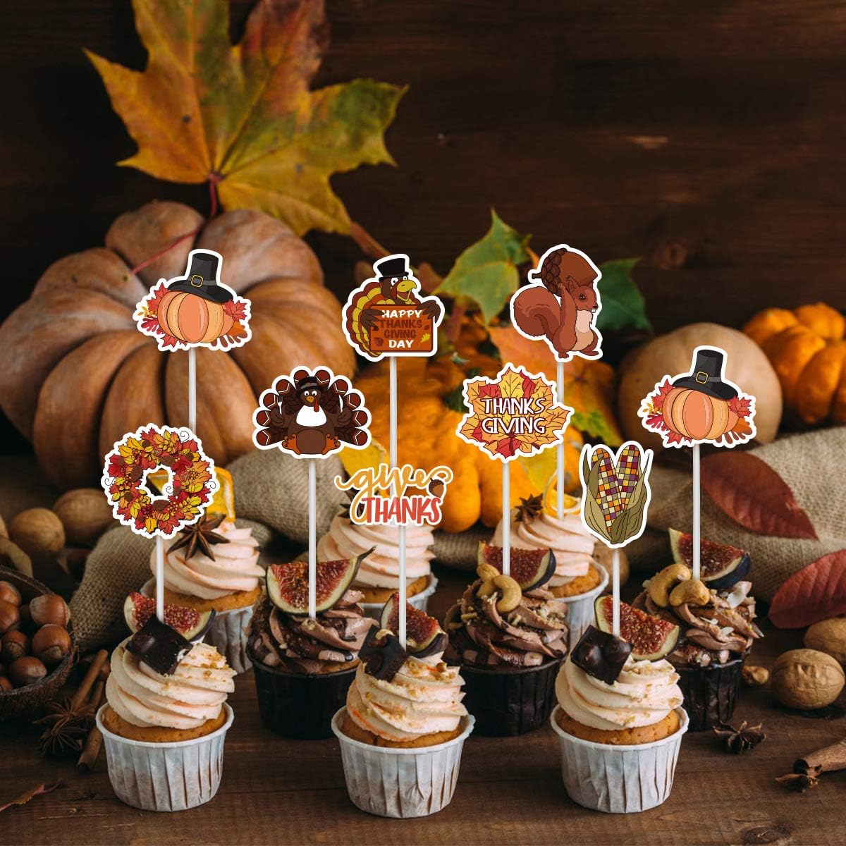 Amosfun Thanksgiving Cake Toppers 72Pcs Double-Sided Cardboard Cupcake Picks – Turkey & Pumpkin Design for Holiday Dessert Decoration – for Cupcakes, Muffins, Pies, Thanksgiving Party