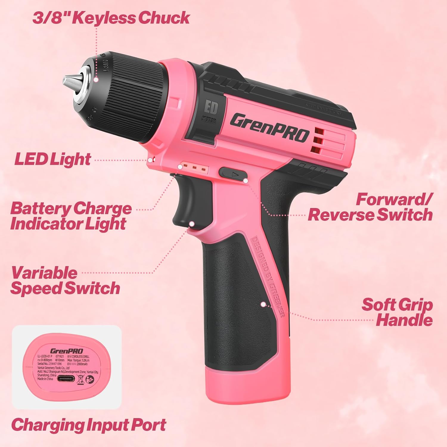 8V Cordless Drill Set, Hot Pink Power Drill with 3/8" Keyless Chuck, Built-in LED Work Light, Type-C Charging Cable & 43pcs Complete Accessories, for Drilling and Screw Tightening/Loosening - Image 3