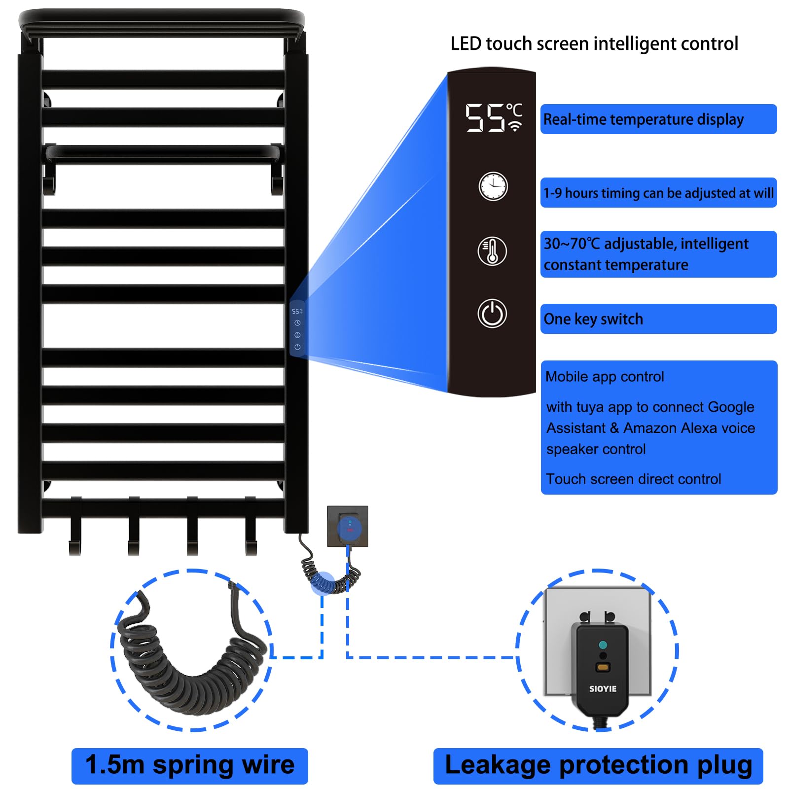 Toallero Baño Radiador, Calentador de Toallas con termostato Inteligente WiFi, para Alexa y Google Home y App, 500x870mm, Toallero Electrico, Radiador Toallas,Radiador Secador Toallas-WiFi Black Right