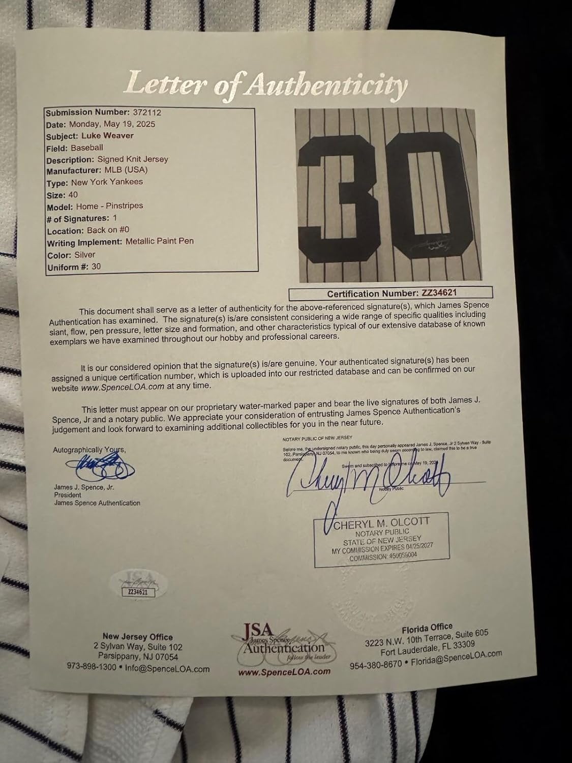 Yankees Luke Weaver Game Used Opening Day Jersey MLB/JSA Authenticated 2025 - Autographed MLB Jerseys