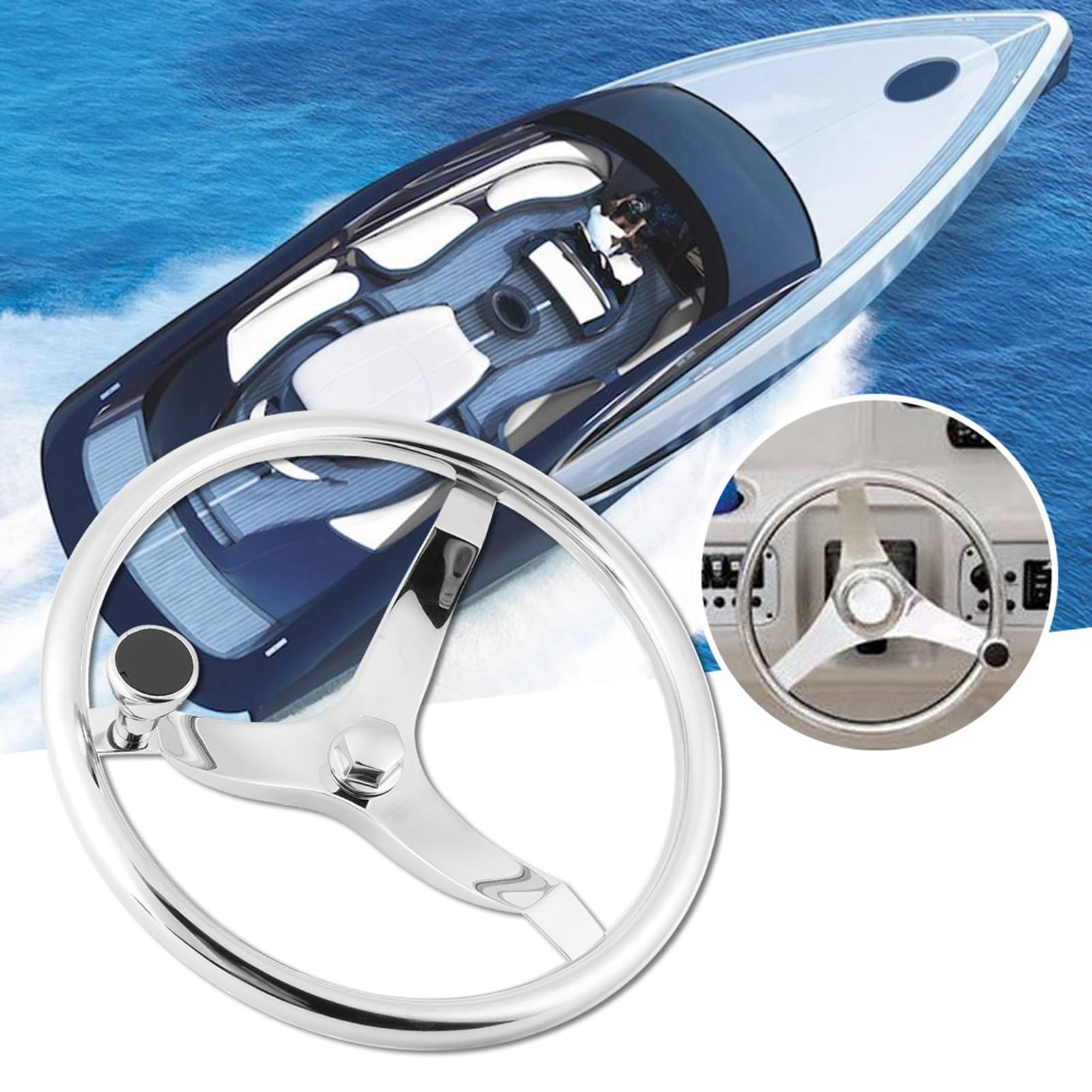 Volant de bateau, volant de 13-1/2in 25 degrés à 3 rayons avec bouton d'écrou 5/8in accessoires de bateau marin