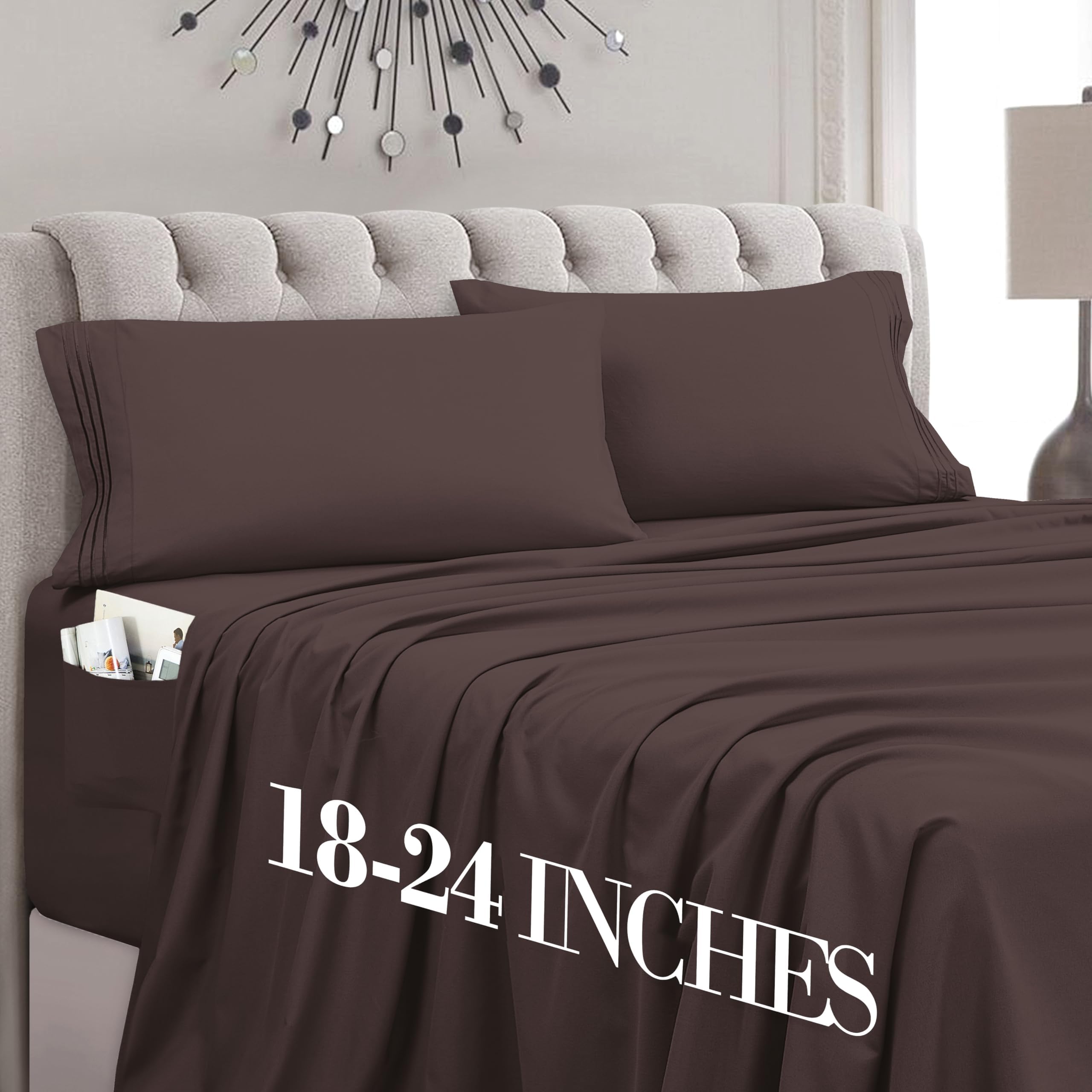 Mocassi Cal King Size 4-Piece Bed Sheet Set - 1800 Premium Hotel Quality Microfiber 18-24 Inches Extra Deep Pocket Fitted Sheet- Luxury Soft, Breathable, Wrinkle, and Fade Resistant, Brown