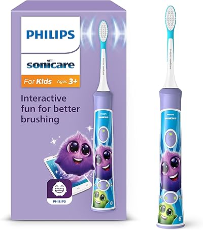 Philips Sonicare For Kids, elektrische Schallzahnbürste mit App, für Kinder ab 3 Jahren, mit SmarTimer und QuadPacer für eine gründliche Reinigung, Lila, Modell HX6322/12
