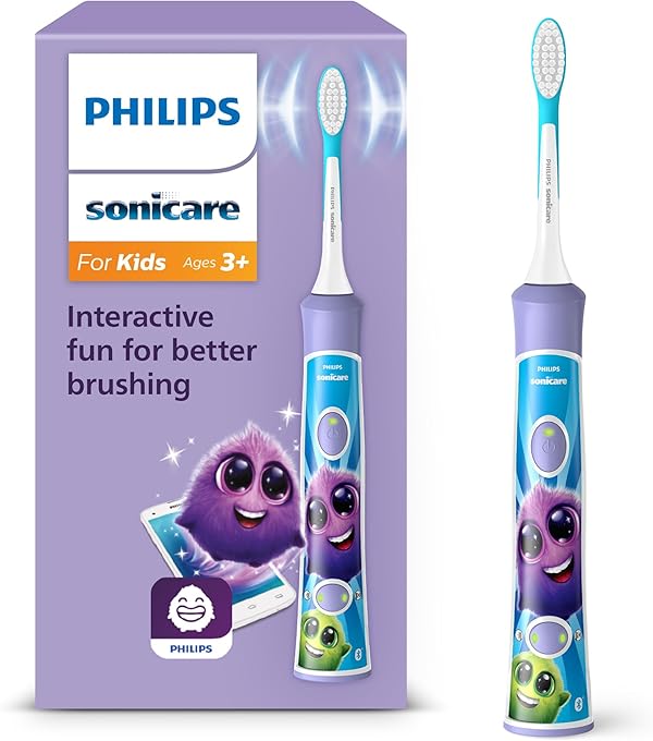 Philips Sonicare For Kids, elektrische Schallzahnbürste mit App, für Kinder ab 3 Jahren, mit SmarTimer und QuadPacer für eine gründliche Reinigung, Lila, Modell HX6322/12