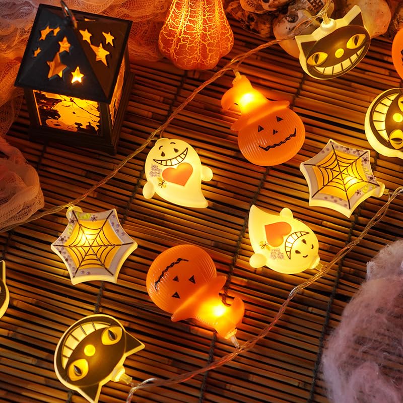Qillnyy Catena luminosa decorativa per Halloween, 4 m, 20 LED, 4 tipi di luci di Halloween, zucca, spirito, ragnatela, gatto, 2 batterie AA per Halloween, feste, camere