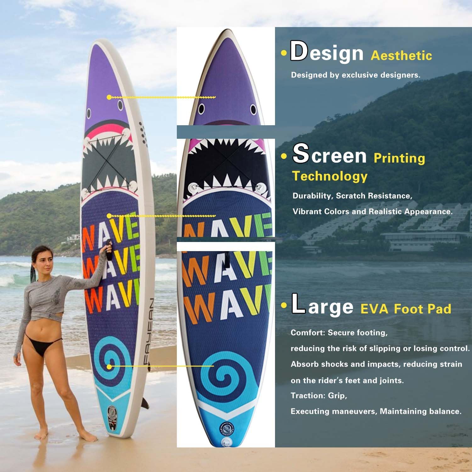 Inflatable Paddle Board 10'6''/11' Wide for Adults, with Premium SUP Accessories - 3 Fins, Adjustable Paddle, Safety Leash & Waterproof Phone Bag (Shark 10'6"*33"*6")