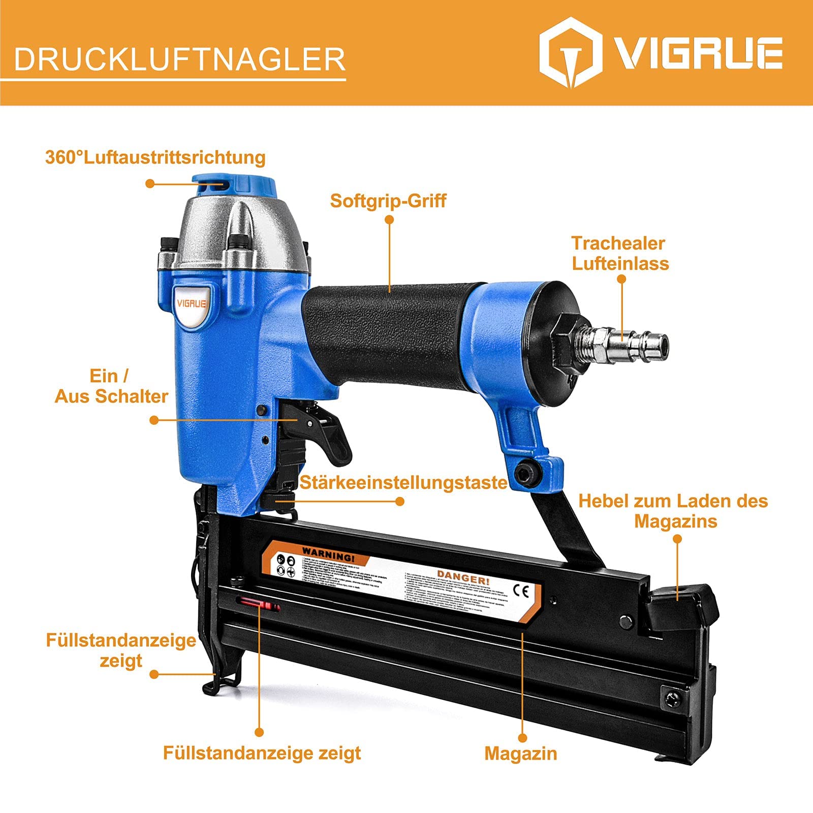 VIGRUE Ultimo stile chiodatrice ad aria compressa F50/9040, morsetto 2 in 1 e pistola per unghie (chiodi fino a 50 mm, morsetti fino a 40 mm) con set di accessori