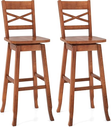 COSTWAY Juego de 2 taburetes de barra de 30 pulgadas, taburete giratorio de madera de goma con respaldo inclinado, asiento curvado y reposapiés,