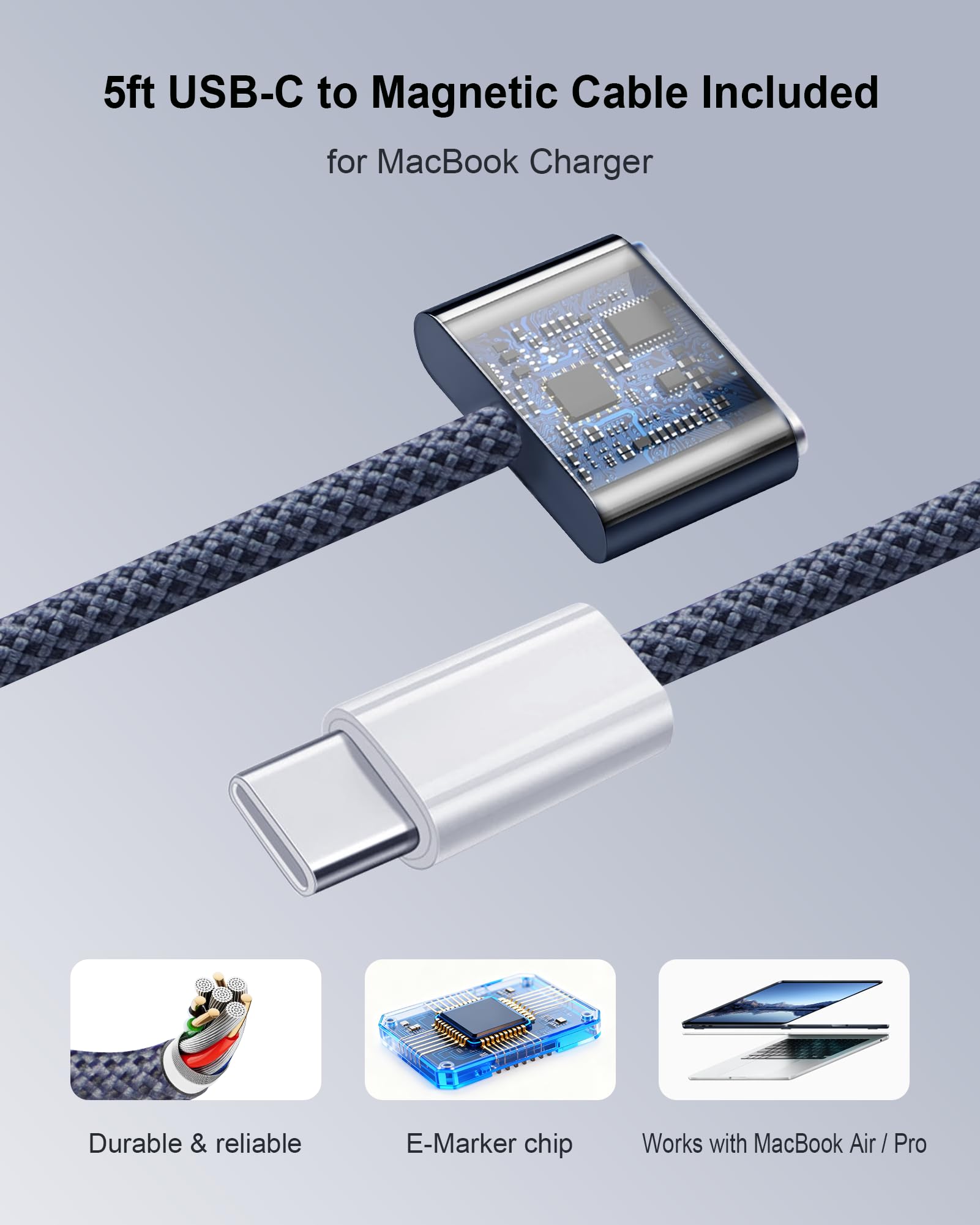 DERLULU GaN - Caricatore USB-C da 67 W per MacBook Air 13/15", adattatore di ricarica rapida con cavo magnetico da 1,5 m, compatto 2C1A per MacBook, iPad, iPhone