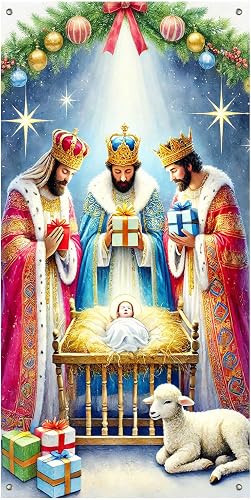 BlissYard Christmas Door Cover 35x71 Inch Nativity Porch Sign Three Kings Decora