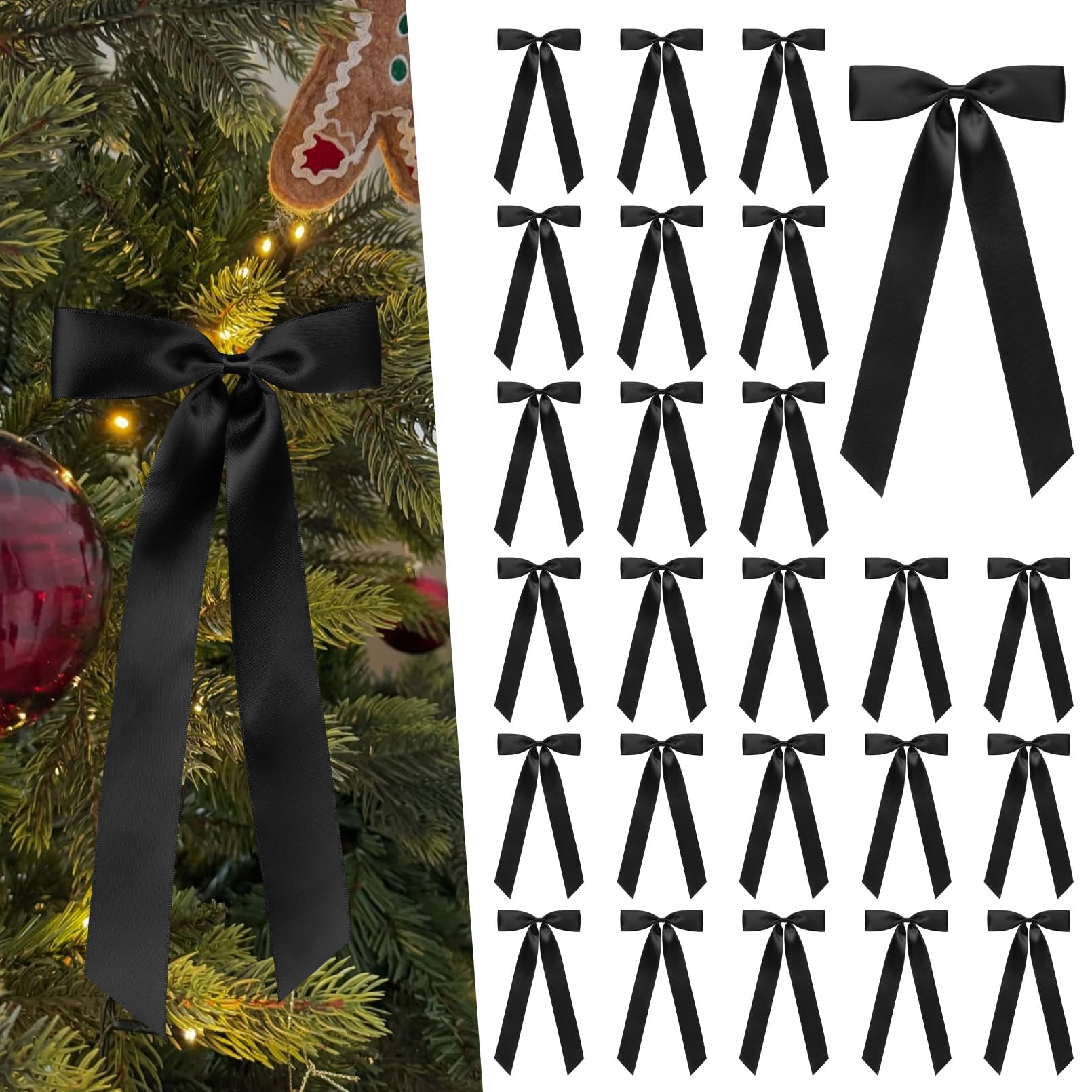 CEELGON 24 Pcs Black Christmas Tree Bows Satin Ribbon Long Large Bows for Xmas Tree Topper Garland 5 x 9 Inch Ornaments for Holiday Birthday Party Room Decor (Black)