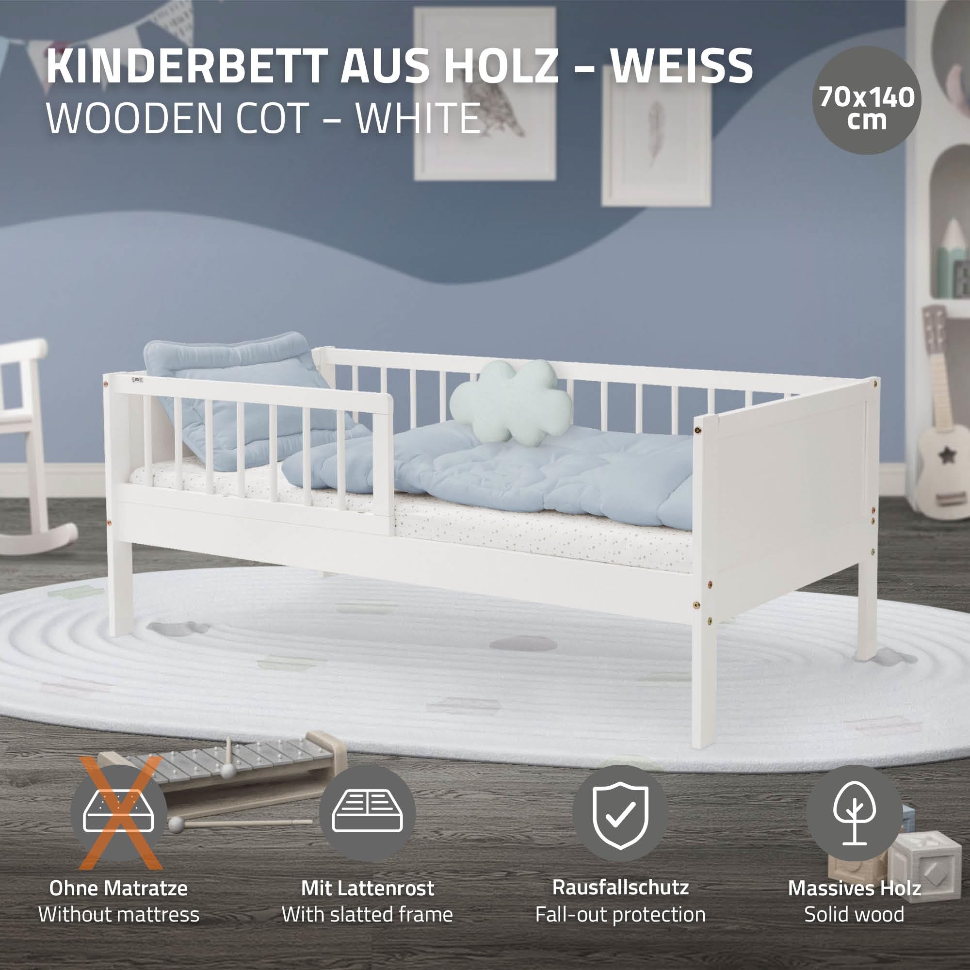 ML-Design Kinderbett 70x140 cm, Weiß, Einzelbett für Kinder mit Lattenrost und Rausfallschutz, Jugendbett aus Kiefernholz, Holzbett, Bettgestell für Jungen & Mädchen, Massivholz Babybett Kleinkindbett