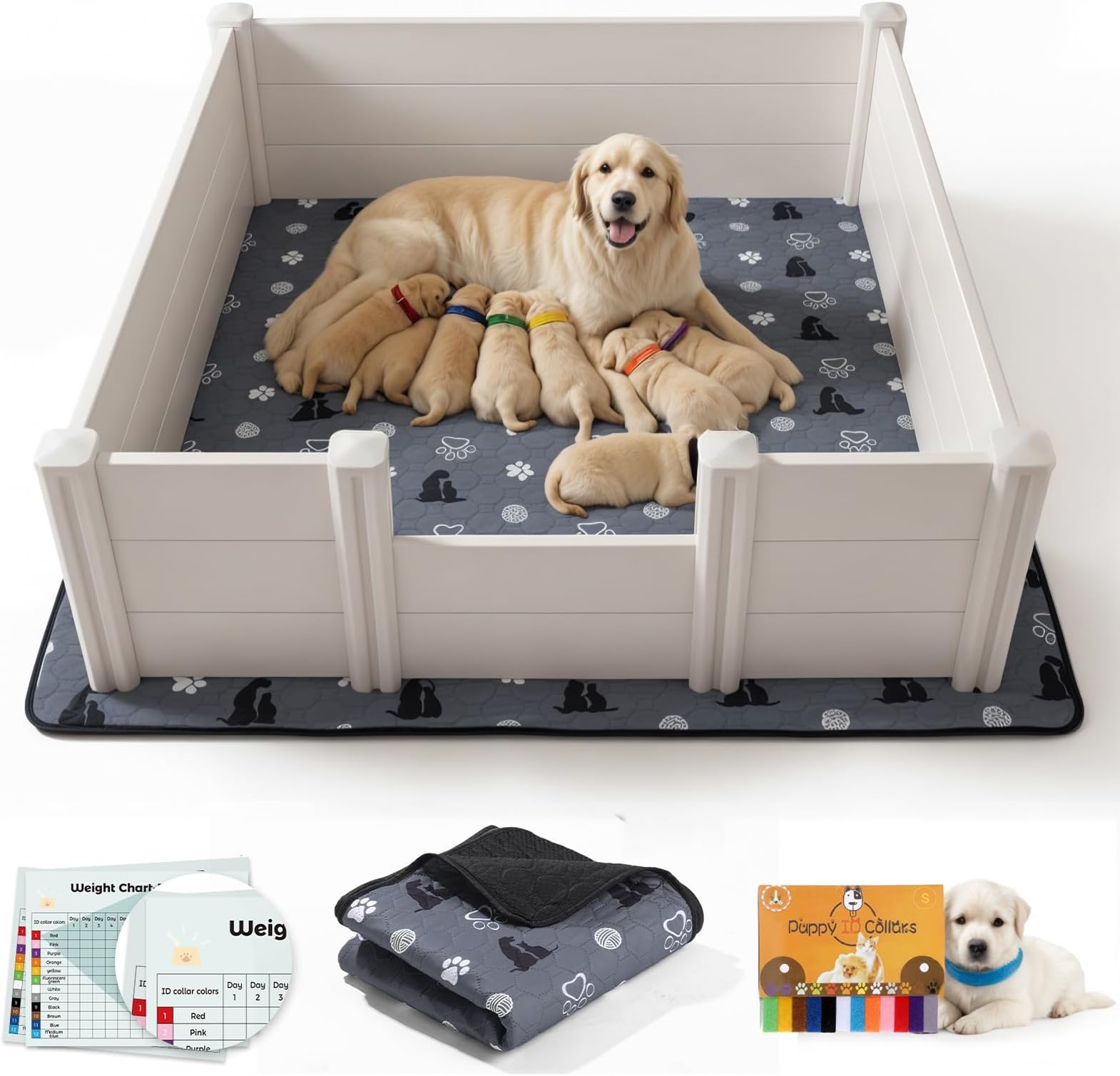 Whelping Box for Dogs, Whelping Box for Puppies with Pee Pad, Puppy Collars and Growth Record Sheets, Easy-Clean & Durable Puppy Playpen, Dog Welping Supplies, 48"x48"x18", White