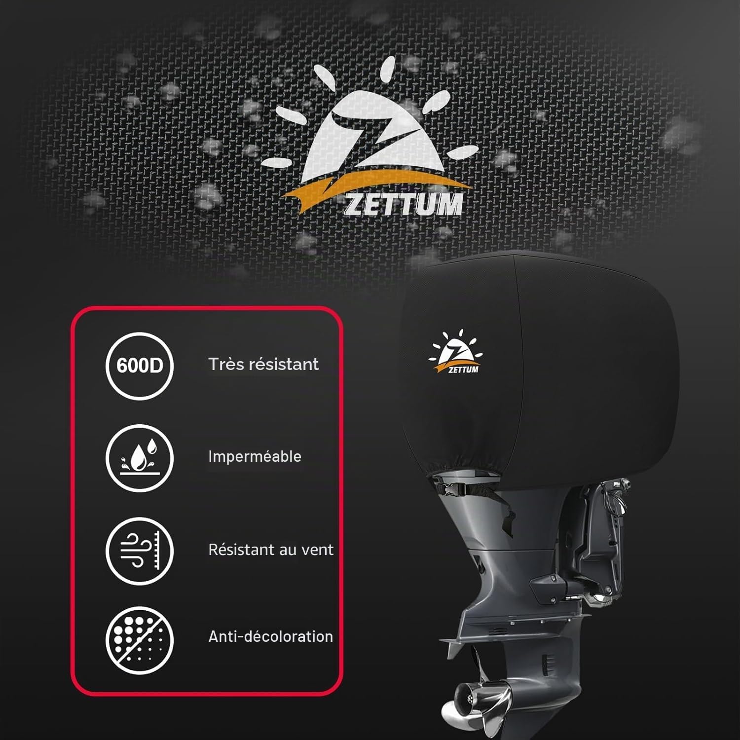 Zettum Housse de Moteur Hors Bord pour Moteurs de 225 à 300 HP, Housse 600D, étanche et résistante, Compatible avec Les Moteurs Yamaha, Mercury et Parsun